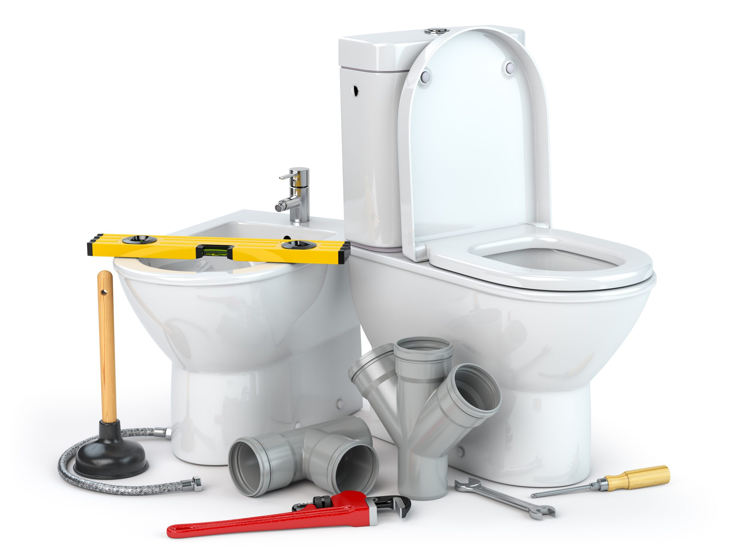 Plumbing repair service. Bowl and bidet with plumbing tools for a plumber and pvc plastic tubes. 3d illustration